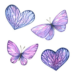 Butterflies and hearts in lilac color. Abstract, watercolor illustration. A set of objects from a large set of Lavender SPA. For decoration, design and composition. Stickers, postcards, posters.