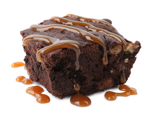 Delicious chocolate brownie with nuts and caramel sauce on white background