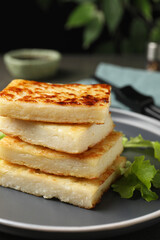 Delicious turnip cake with lettuce salad served on grey plate, closeup
