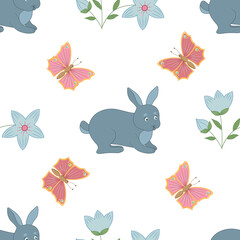 vector graphic seamless pattern with rabbits and butterfles