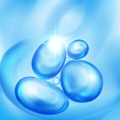 Illustration with beautiful realistic air bubbles with bright glare, floating in water or other liquid, in light blue color