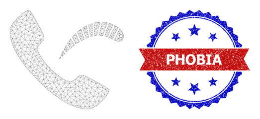 Mesh net phone virus polygonal frame icon, and bicolor scratched Phobia watermark. Red stamp seal has Phobia tag inside ribbon and blue rosette. Vector frame polygonal net phone virus icon.