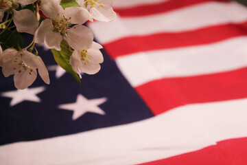 Apple blossoms and the U.S. flag. The concept of Independence Day, Remembrance Day, Elections.