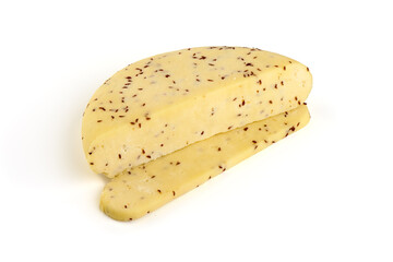 Traditional Latvian homemade cheese with cumin seeds for annual Latvian festival celebrating the summer solstice Ligo holiday. Isolated on white background. - obrazy, fototapety, plakaty
