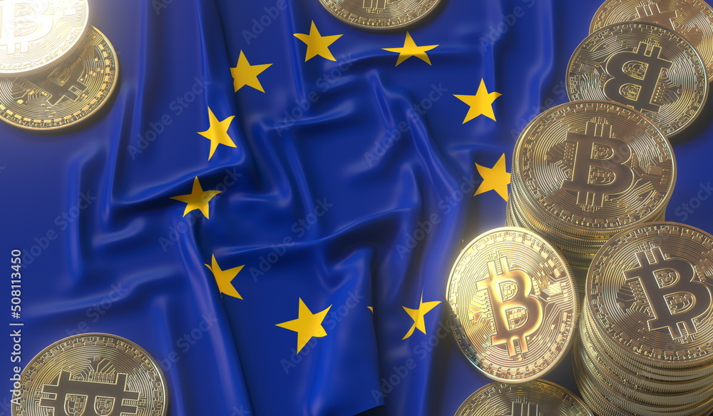 Poster bitcoin tokens and flag of the european union eu. cryptocurrency related 3d rendering