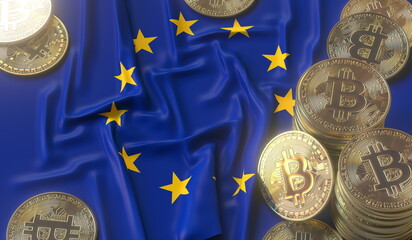 Bitcoin tokens and flag of the European Union EU. Cryptocurrency related 3D rendering