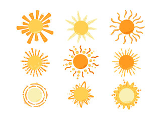 Yellow sun icons vector symbol set. Collection of hand drawn sun