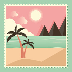 Seascape with palm trees, clouds, mountains. Sunset on the seashore.