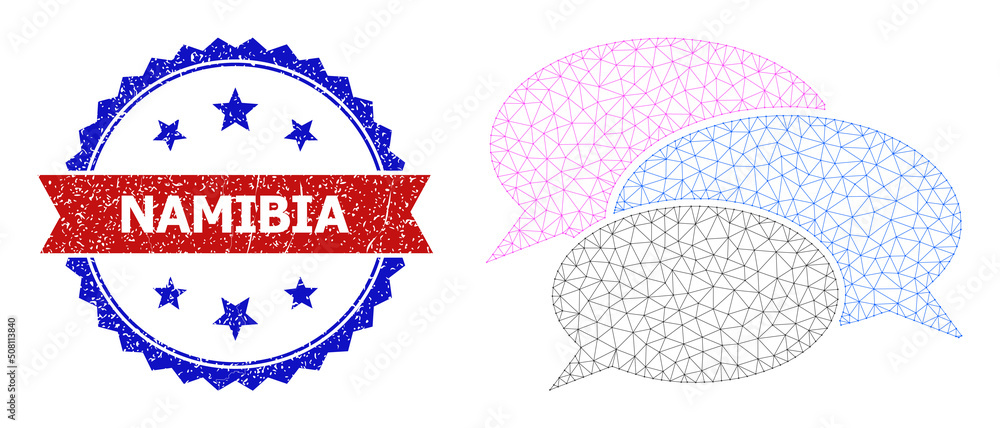 Poster mesh discuss polygonal carcass illustration, and bicolor scratched namibia seal. red stamp seal incl