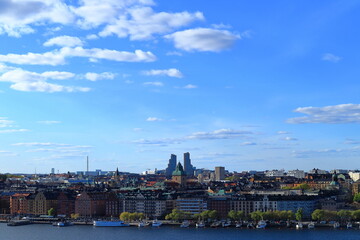 Great view over Stockholm city. One spring day in May. Central part of the town with the lake Malaren or Mälaren. Stockholm, Sweden, Scandinavia, Europe.