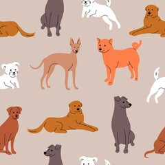 Vector trendy seamless pattern with different dogs: dachshund, jack russell, terrier, doberman. Animal pattern, for textile, nursery decor, fabric