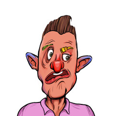 Caricature humor illustration of imaginary cartoon person with funny facial expression isolated on white background