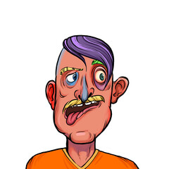 Caricature humor illustration of imaginary cartoon person with funny facial expression isolated on white background