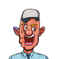 Caricature humor illustration of imaginary cartoon person with funny facial expression isolated on white background