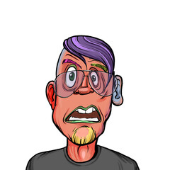 Caricature humor illustration of imaginary cartoon person with funny facial expression isolated on white background