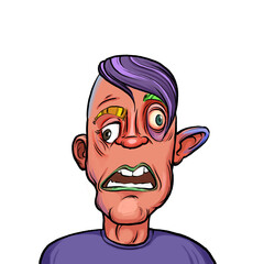 Caricature humor illustration of imaginary cartoon person with funny facial expression isolated on white background