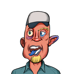 Caricature humor illustration of imaginary cartoon person with funny facial expression isolated on white background