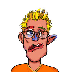 Caricature humor illustration of imaginary cartoon person with funny facial expression isolated on white background