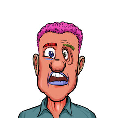 Caricature humor illustration of imaginary cartoon person with funny facial expression isolated on white background