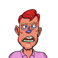 Caricature humor illustration of imaginary cartoon person with funny facial expression isolated on white background