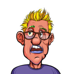 Caricature humor illustration of imaginary cartoon person with funny facial expression isolated on white background