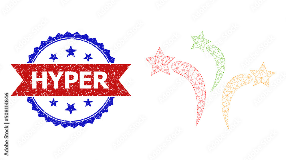 Poster net mesh salute polygonal frame illustration, and bicolor textured hyper seal. red seal includes hyp