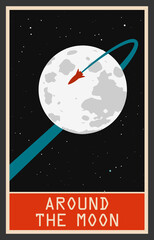 Space poster Around the Moon. Stylized under the Old Soviet Space Propaganda