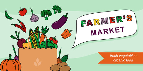 Farmer's Market vector banner with cartoon vegetables in bag. Fresh food advertising design concept