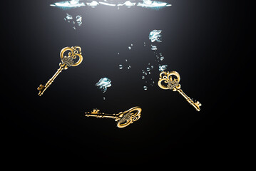 Vintage keys in the water on a black background. Vintage keys fall into the water. Golden keys...