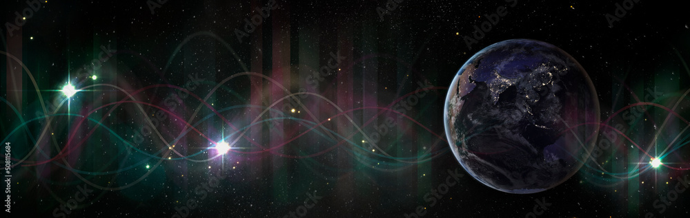 Poster planet earth in space and waves pattern on a starry night sky. elements of this image furnished by n
