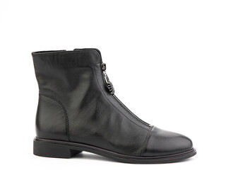 Women's autumn black leather jodhpur boots with zip and average heels, isolated white background. Right side view. Fashion shoes.