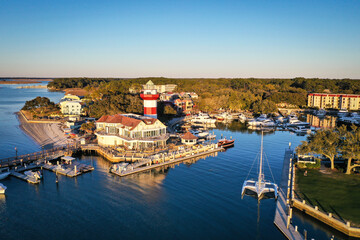 Aerial View of Harbour Town and lighthouse on Hilton Head Island South Carolina - obrazy, fototapety, plakaty