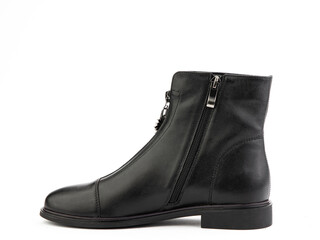 Women's autumn black leather jodhpur boots with zip and average heels, isolated white background. Left side view. Fashion shoes.