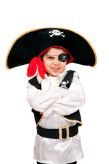 Little pirate is posing against white background.