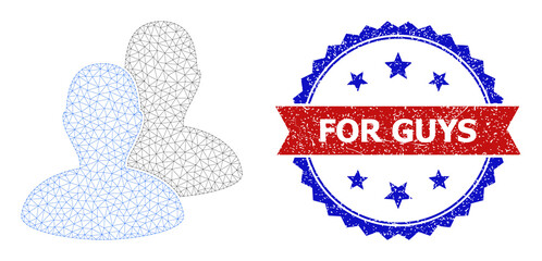 Mesh net customers polygonal framework icon, and bicolor dirty For Guys seal stamp. Red stamp seal contains For Guys text inside ribbon and blue rosette. Vector frame polygonal network customers icon.
