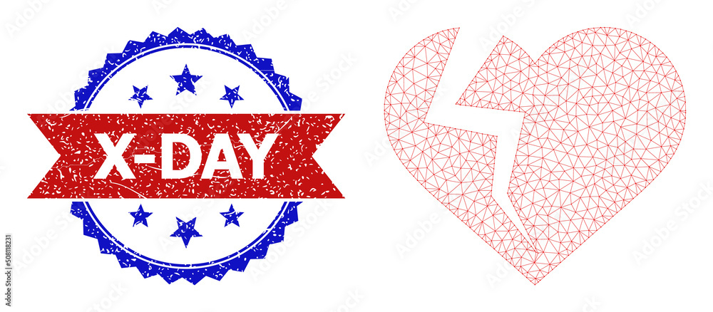 Poster net heart break polygonal framework illustration, and bicolor unclean x-day seal. red stamp seal has