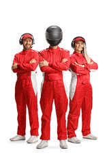 Racing team members and a racer with a helmet posing