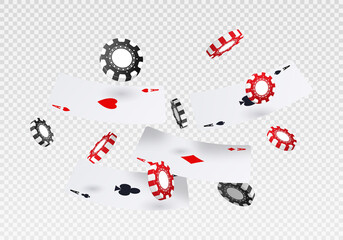 Playing cards with chips. Poker set, successful combination and win. Graphic elements for website design, advertising poster or banner to attract new players. Realistic isometric vector illustration