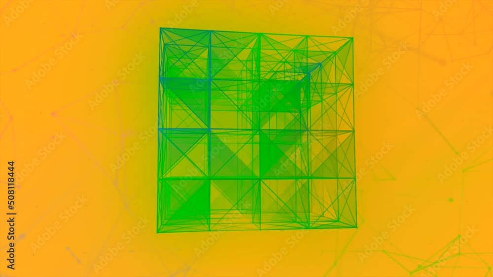 Poster 3d cube of geometric lines. motion. polygonal cube with lines and triangles. geometric cube with lin