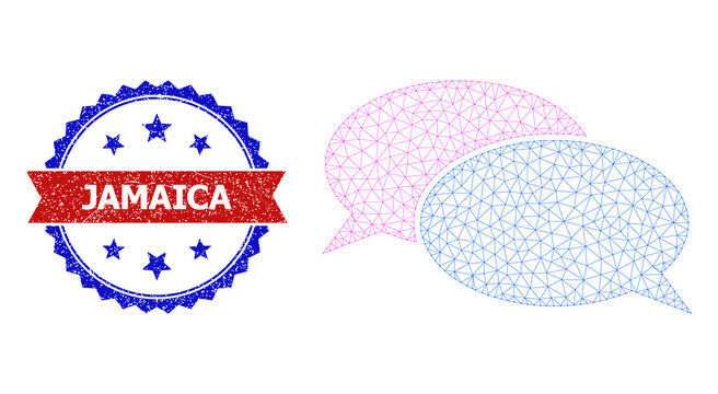 Net forum messages polygonal frame icon, and bicolor unclean Jamaica seal. Red stamp seal includes Jamaica tag inside ribbon and blue rosette. Vector frame polygonal mesh forum messages icon.