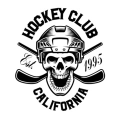 Skull in hockey helmet with crossed hockey sticks