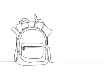 Opened backpack with stationery. Continuous line drawing. Vector illustration - obrazy, fototapety, plakaty