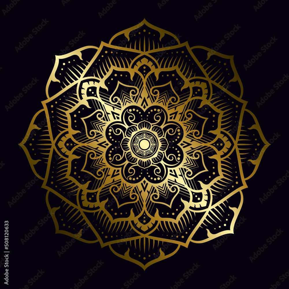 Wall mural Mandala pattern applied in Thai art style with golden gradient. Dark black background. Vector illustration.