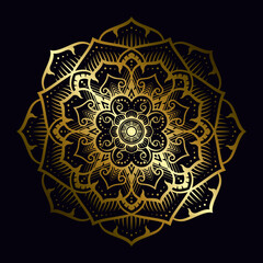 Mandala pattern applied in Thai art style with golden gradient. Dark black background. Vector illustration.