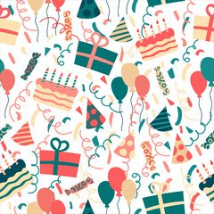 Seamless bright pattern of birthday attributes - gifts, hats, cake, crackers. Doodle style. Vector illustration