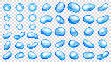 Set of realistic translucent water drops in light blue colors in various shapes, isolated on transparent background. Transparency only in vector format