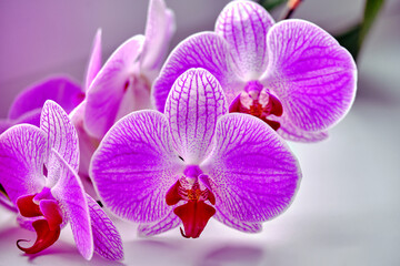 Fototapeta na wymiar Orchid blooms , close - up . Pink flower on a white background. Blooming flowers in spring.