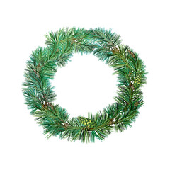 Fototapeta na wymiar 737_cones, spruce, pine traditional Christmas wreath of fir branches, green with cones, needles, natural New Year decoration vector illustration