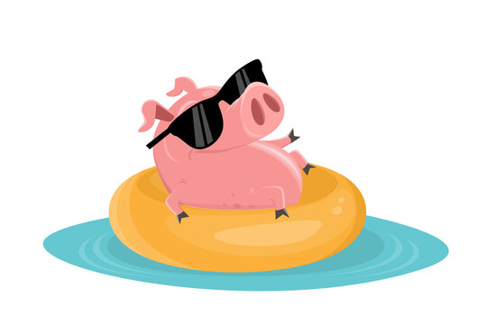 funny cartoon illustration of a pig on a floating tire