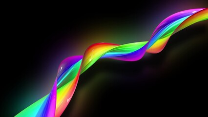 3d render. Twisted ribbon of rainbow color glows on a black background. Abstract bright colorful background.